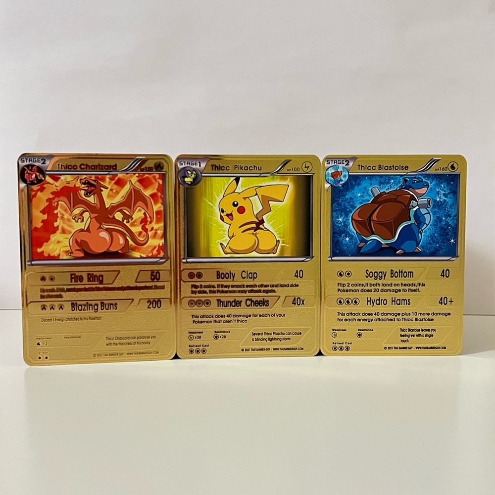 “3” Pokemon Thicc Charizard/Pikachu/Blastoise METAL GOLD CARD  Collectible/Gift